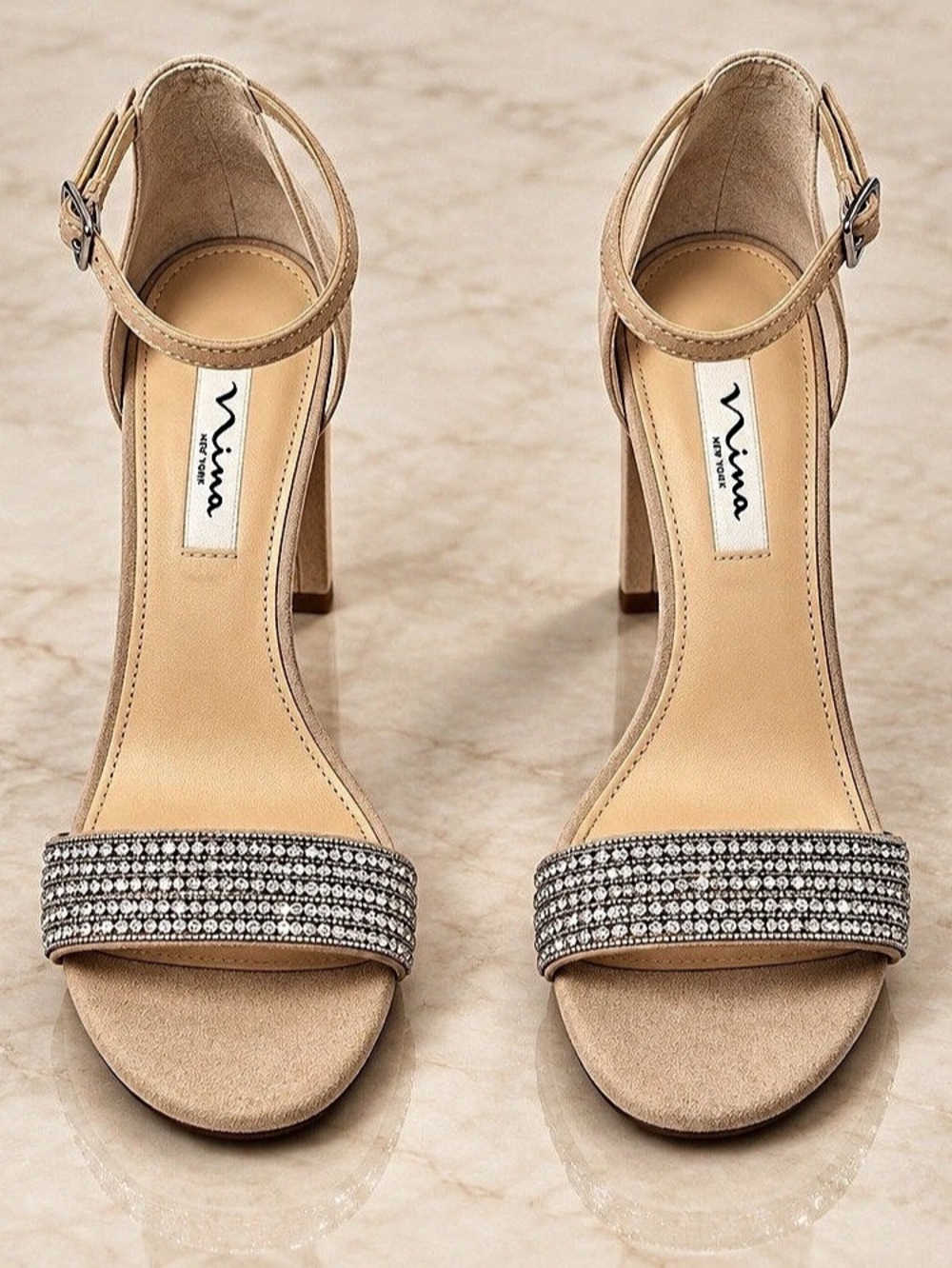 Nina Eloise-EY Crystal Embellished Block Heel Sandals Tan US 9 M